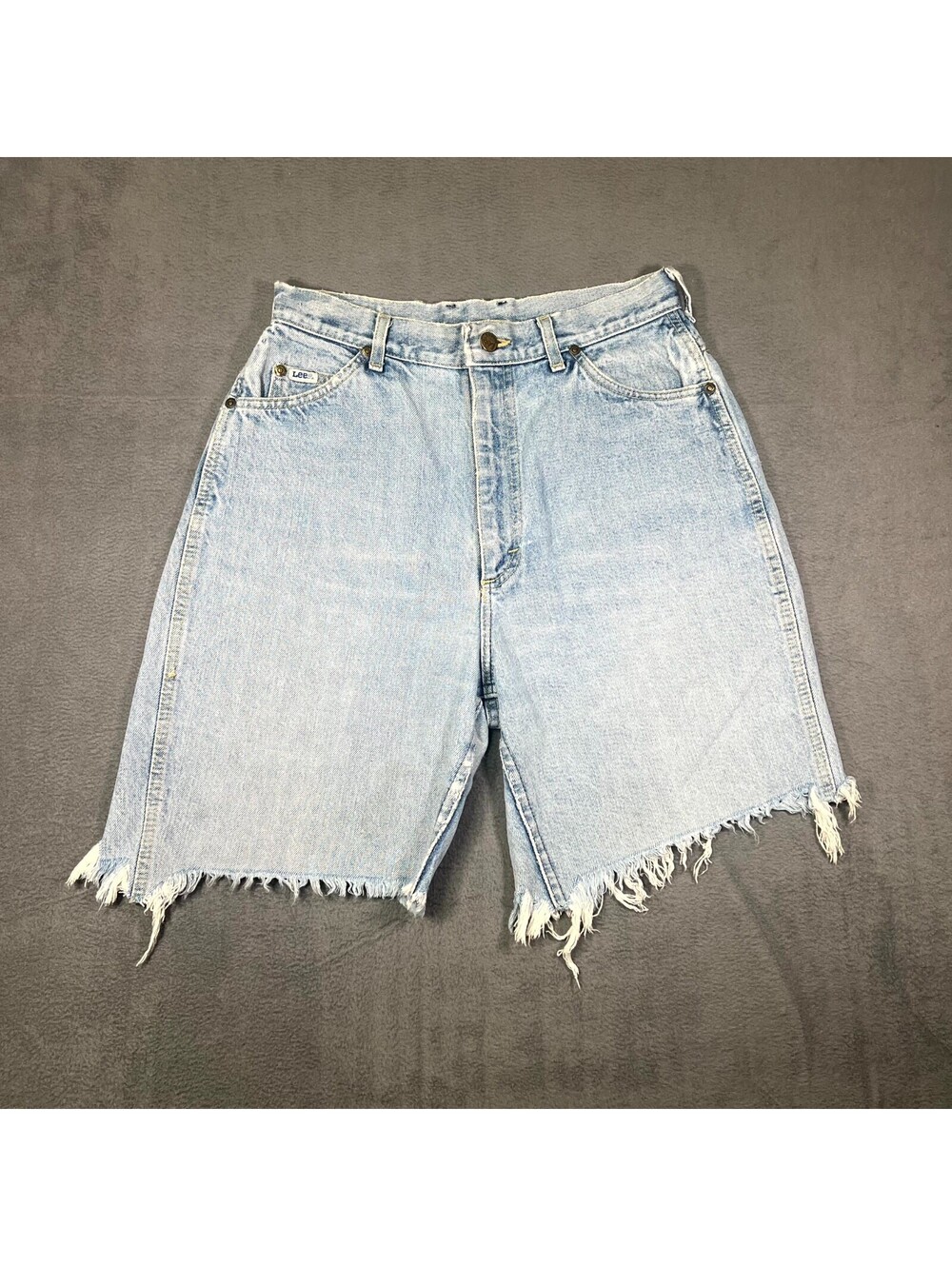 VTG Lee Shorts Blue Womens 12 Long Cut-off Denim 29W 8" Inseam High Waisted